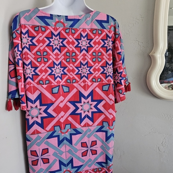 Vero Moda Women's Small Kimono Pink Red Blue Geometric Pattern Print Tassel Top - Picture 6 of 9